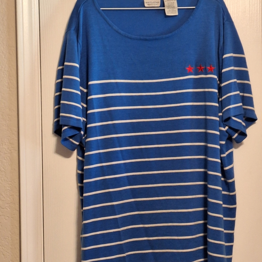 Blue and white striped sweater.